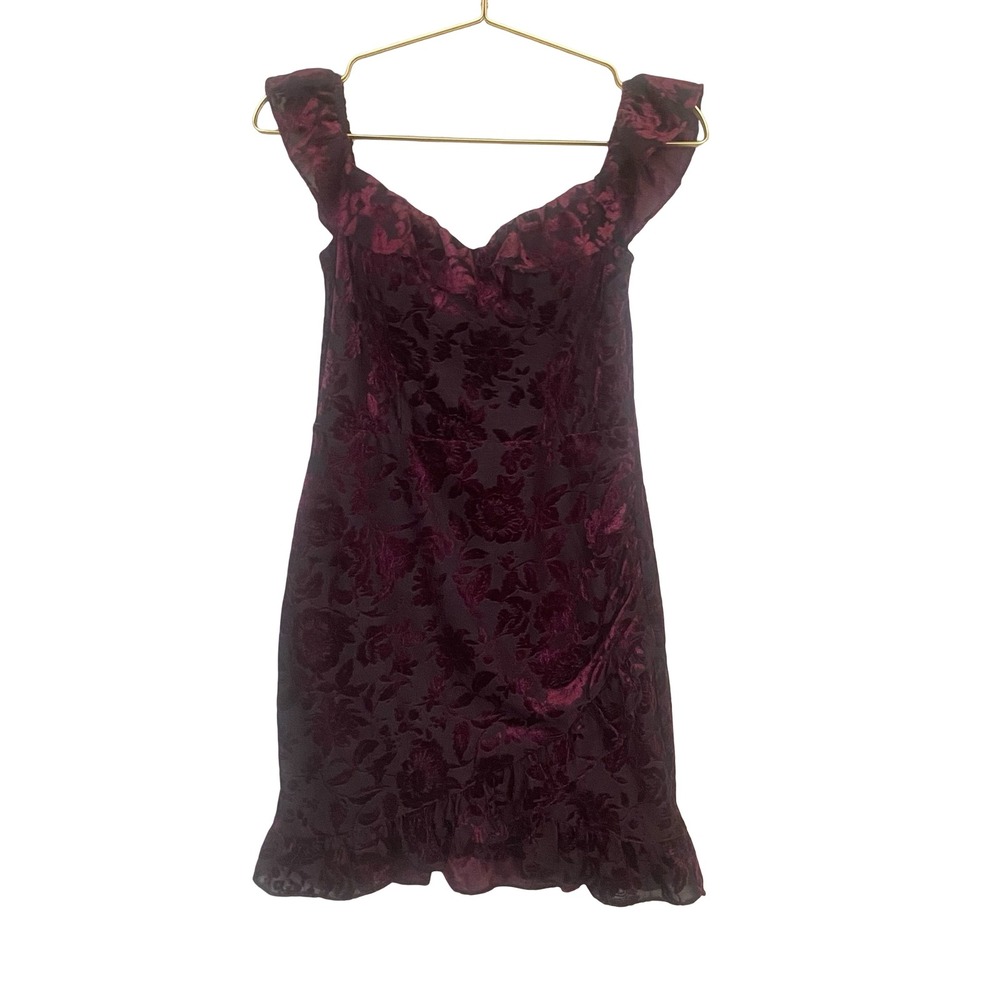 City Studio Burgundy Velvet Burnout Floral Dress Ruffle Hem Sweetheart Women's M
